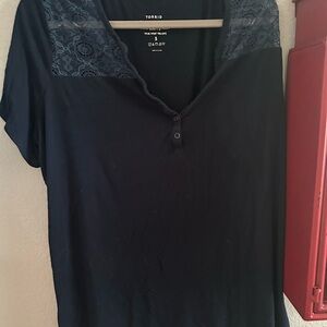 Torrid Navy Blue Henley Short Sleeve Top with Lace Detail
